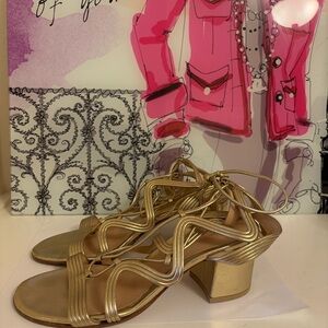 Gianvito Rossi Metallic Gold Strappy Lace-Up Block Heel Sandals-Size 37 (US 6.5)